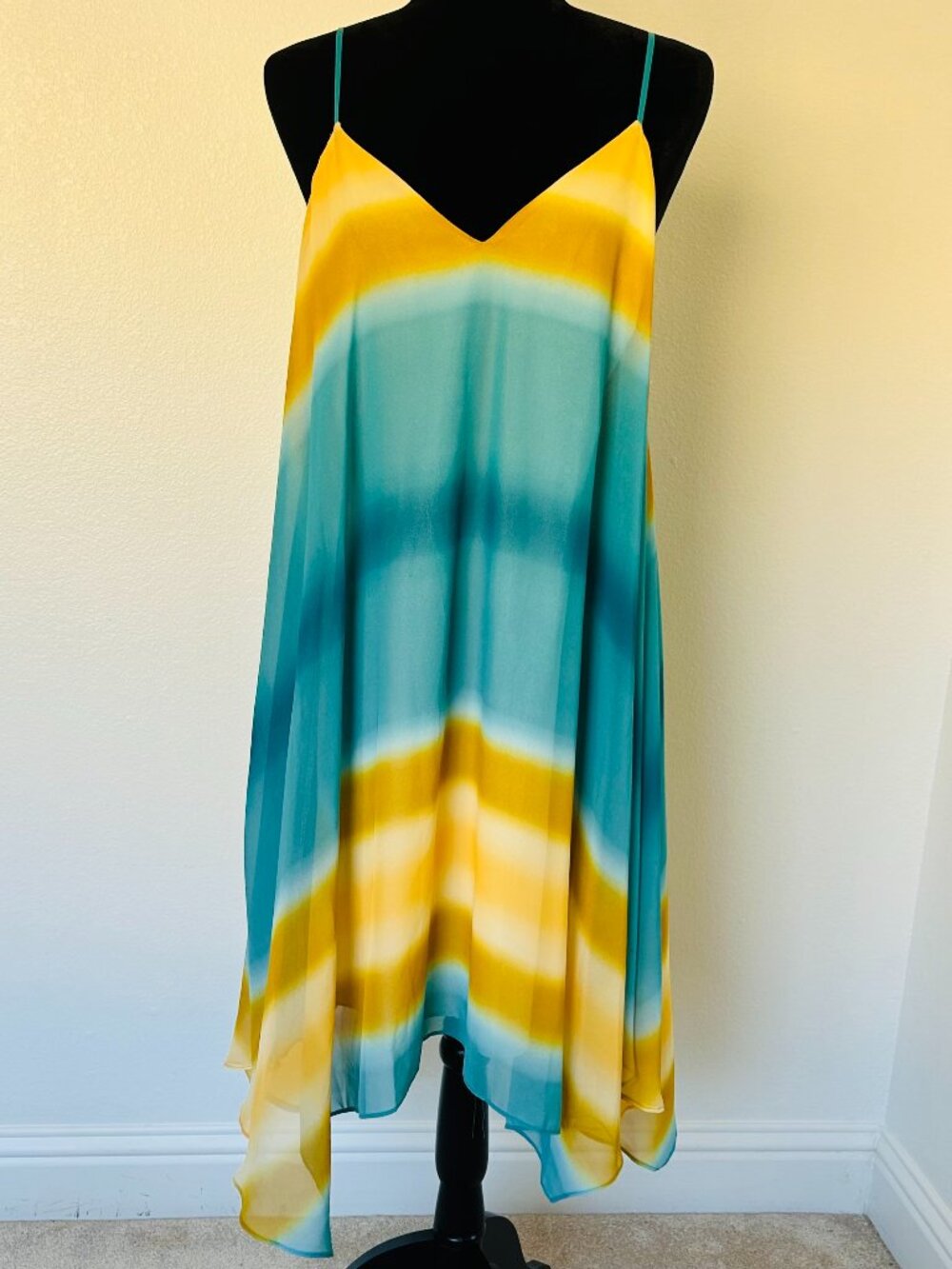 Allen B. Allen Schwartz Ombre Teal Yellow Handkerchief Dress 10